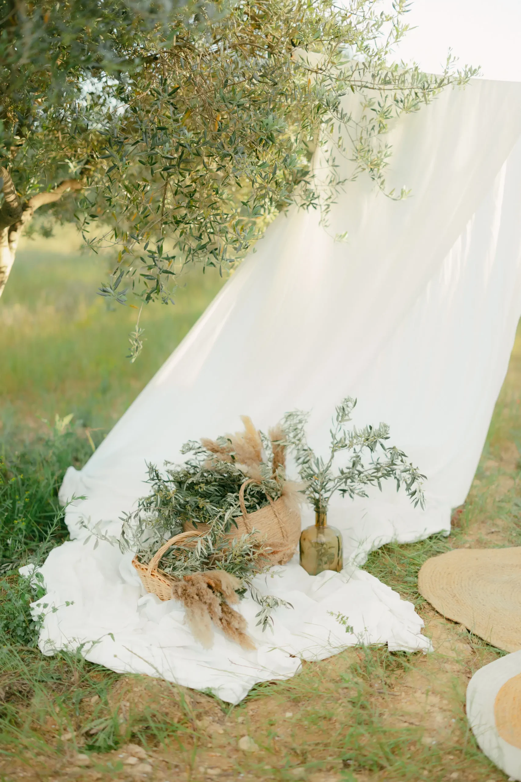 décoration de mariage Bouches-du-Rhône style provencal dans un jardin, un drap et des branches d'olivier